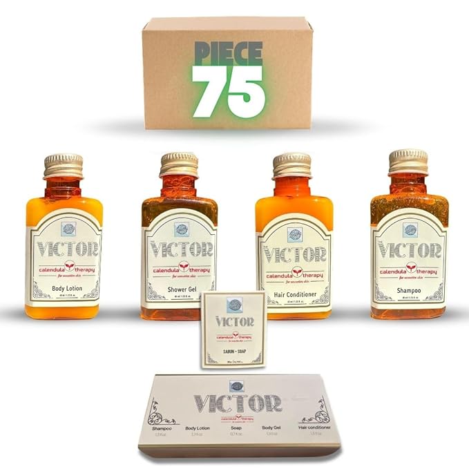 Victor 75-Piece Guest Toiletries Set – 15 Guest Kits with Shampoo, Conditioner, Shower Gel, Body Lotion & Soap – Goji Berry & Calendula, Paraben-Free, Made in Turkey