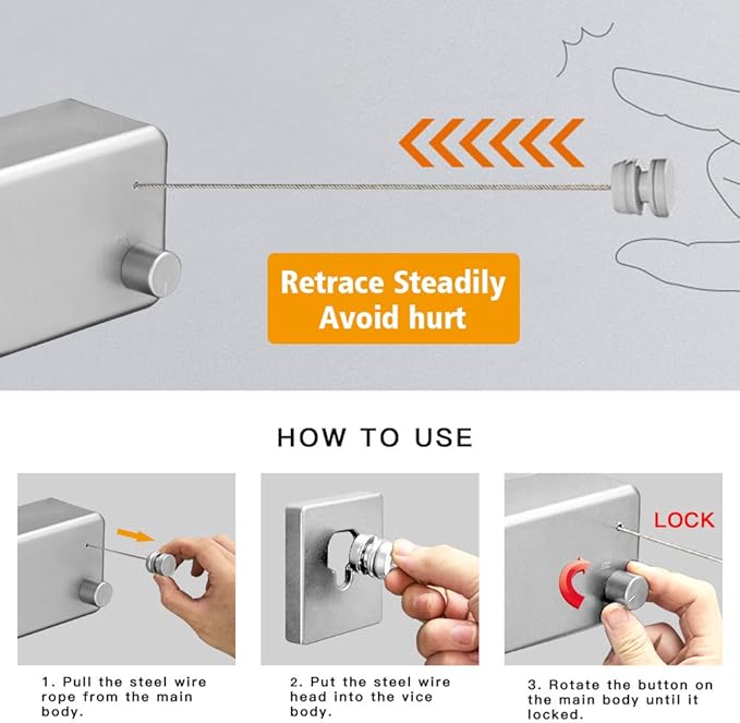 BESy Retractable Clothesline ABS case+Aluminum Dryer with Adjustable Stainless Steel Double Rope String Hotel Style Heavy Duty,Wall Mounted Method, 13.8 Feets,Silver