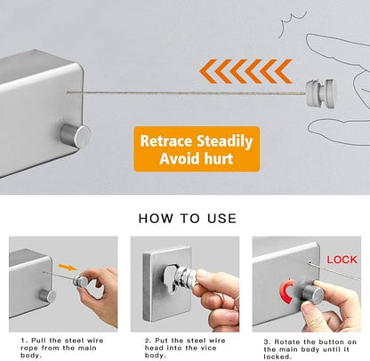 BESy Retractable Clothesline ABS case+Aluminum Dryer with Adjustable Stainless Steel Double Rope String Hotel Style Heavy Duty,Wall Mounted Method, 13.8 Feets,Silver