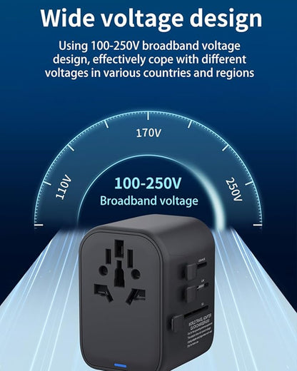 GaN 45W Universal Travel Adapter, International Power Adapter with 5-Port PD Fast Charging (2 USB-C, 2 USB-A, 1 AC) - 100V-240V Travel Adapter Worldwide Plug for US EU UK AUS Asia (Type A/C/G/I)