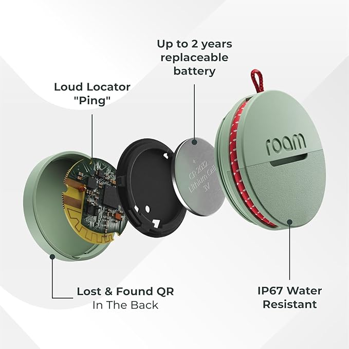 Roam Smart Tracker | Family-Friendly Eco Tracker for Keys, Bags & Kids’ Gear | Works with iOS & Android | Built-in Strap, QR Lost & Found | Replaceable Battery | No Extra App | 1-Pack, Black