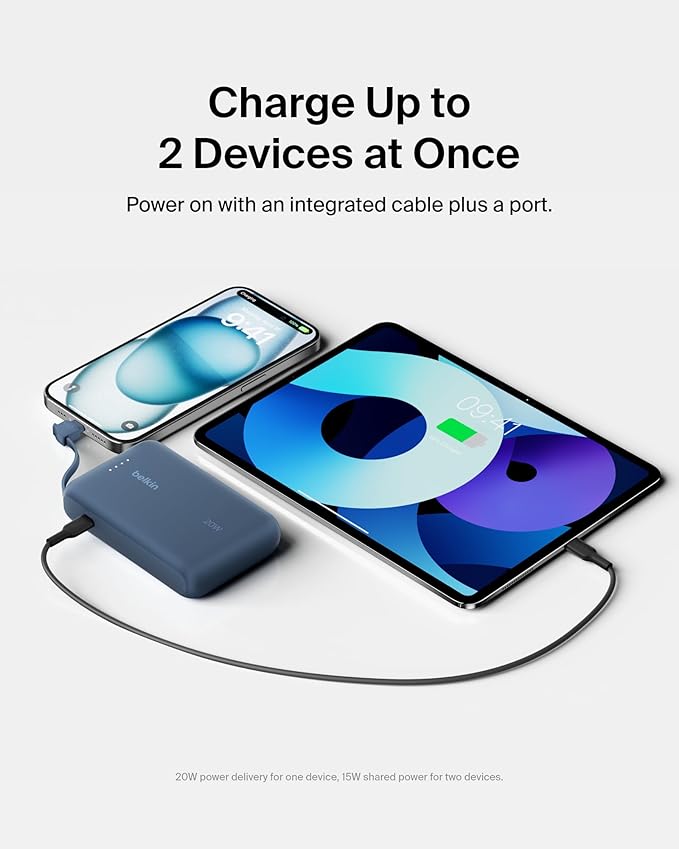 Belkin Portable Charger, Portable Power Bank with Integrated Cable 10000 mAh 20W - Fast Charge USB C Power Delivery - iPhone 17, Air, Pro, Pro Max, iPad, AirPods, Apple Watch, Galaxy S25, etc. - Blue
