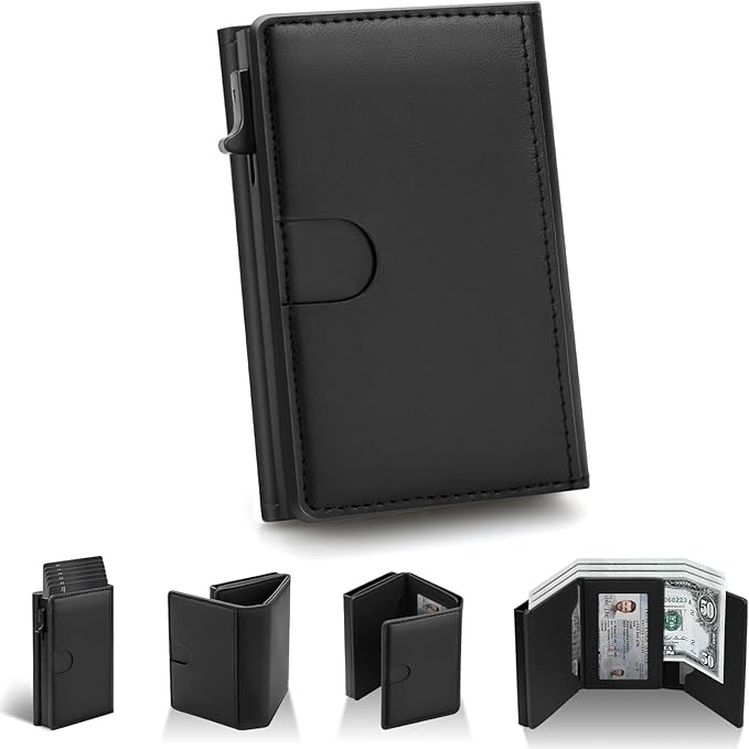 Business Card Holder Leather Wallets for Men Rfid Blocking Wallet Front Pocket Pop Up Aluminum Case Black Card Cases with 1 ID Window