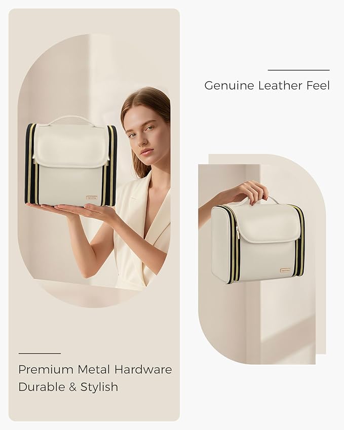 Hanging Toiletry Bag, PU Leather Makeup Bag Large Capacity with Jewelry Organizer for Brushes Set, Cosmetic Accessories, Beige