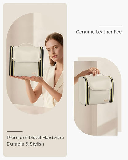 Hanging Toiletry Bag, PU Leather Makeup Bag Large Capacity with Jewelry Organizer for Brushes Set, Cosmetic Accessories, Beige