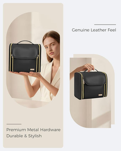 Hanging Toiletry Bag, PU Leather Makeup Bag Large Capacity with Jewelry Organizer for Brushes Set, Cosmetic Accessories, Black