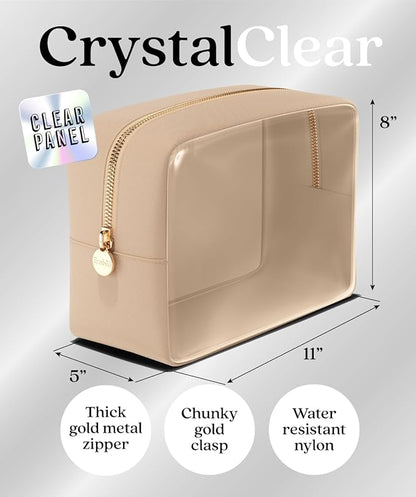 Embla Clear Cosmetic Bag Makeup Case, Clear Zipper Make Up Pouch and Toiletry Travel Tote, Cute Skincare Pouches for Women Girls, Preppy Purse Cosmetic Organizer, Large Makeup Bags, Sand