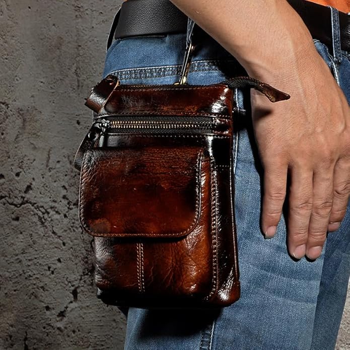 Versatile Cowhide Small Messenger Bag for Men Genuine Leather Waist Pack for Daily Use and Outdoor Activities