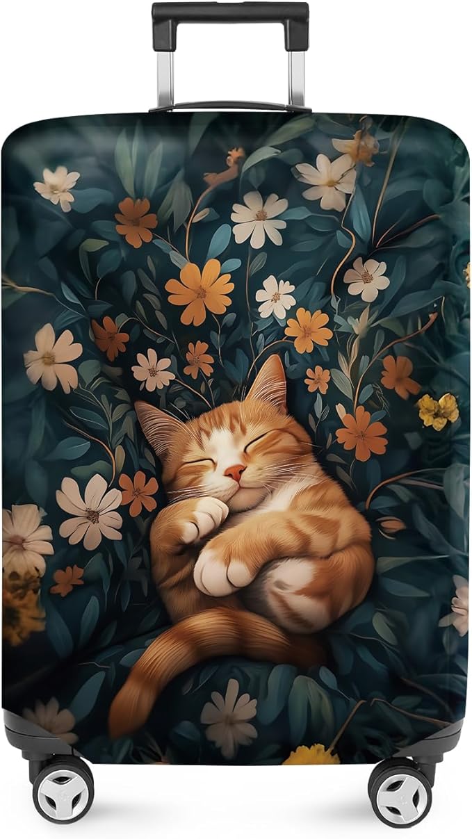 ANNA QUEEN Peaceful Cat Luggage Cover, Sleeping Cat with Floral Design, Stretchable, Washable Travel Sleeve for 32-34 Inch Luggage
