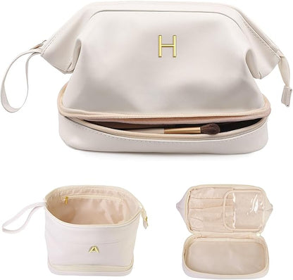 Gifts for Girls, Initial Large Makeup Bag, Personalized Double Layer Cosmetic Bag with Makeup Brush Organizer, PU Leather Travel Toiletry Bag Gift For Daughter, Preppy Things For Girls