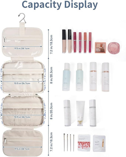 Narwey Hanging Floral Toiletry Bag for Women Travel Makeup Bag Organizer Toiletries Bag for Travel Size Essentials Accessories Cosmetics (Little Blue Flower (Medium))