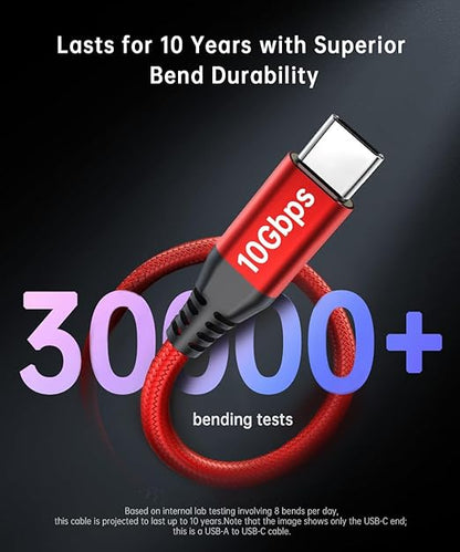 Red USB C Data Cable 10Gbps Data Transfer [3M/10ft, 2Pack], Extra Long 3.2 Gen 2 USB to Type C Charger 3.1A Fast Charging Lead for Webcam, Android Phone, iPhone 16 Pro Max/15 Pro, Samsung Galaxy S22