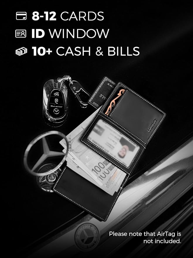 LORZOR Wallet for Men with Metal Card Holder, Pop Up Wallet, Finest Full Grain Leather Trifold Wallet, Smart, Minimalist, RFID Blocking, Front Pocket, ID Window, Black/Silver