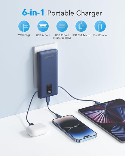 charmast Portable Charger with Built-in Cables and Plug, 10000mAh USB C Power Bank Fast Charging, External Battery Pack Slim, Travel Essentials Compatible with iPhones, Samsung Galaxy, iPad