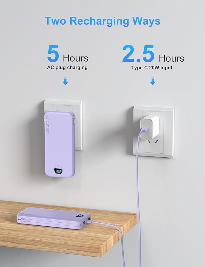 Portable Charger with Wall Plug, 12000mAh USB C Power Bank Fast Charging, External Battery Pack with Built in Cables, Digital Display, 5 Output 4 Input for iPhone Android Cell Phone Tablet