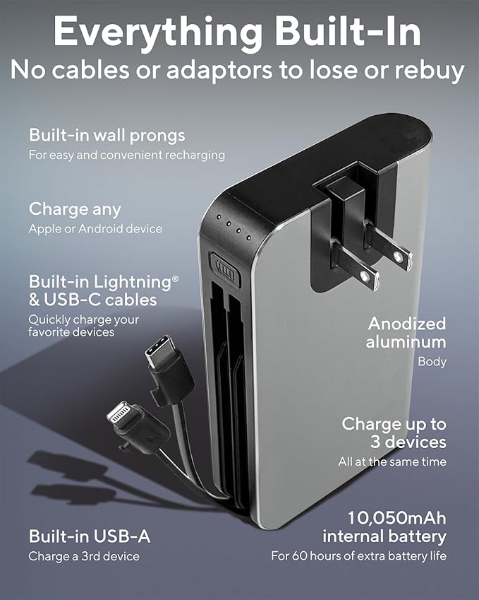 myCharge Portable Charger with Wall Plug – 10050mAh Fast Charger – Power Bank for iPhone, Samsung, Android & More - External Battery Pack Portable Charger with Built-in Cables (Lightning + USB-C)