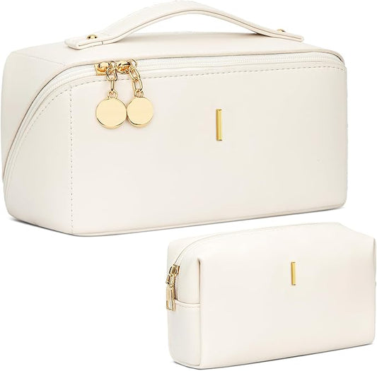 Birthday Gifts for Women Teen Girl, Personalized Initial Makeup Organizer Bag Set, Open Flat Travel Cosmetic Bag With Clear Divider and Handle(Beige,I)