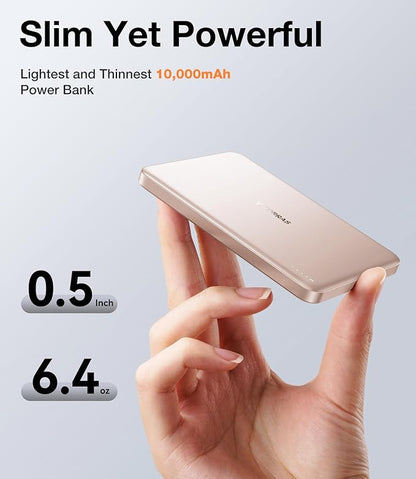 TORRAS MiniMag Power Bank,Ultra-Slim 10,000mAh Magnetic Wireless Portable Charger, 22.5W Fast Charging iPhone Air Magnetic Battery Pack Designed for iPhone 17 Pro Max/17 Pro/Air/16/15/14/13/12, Gold