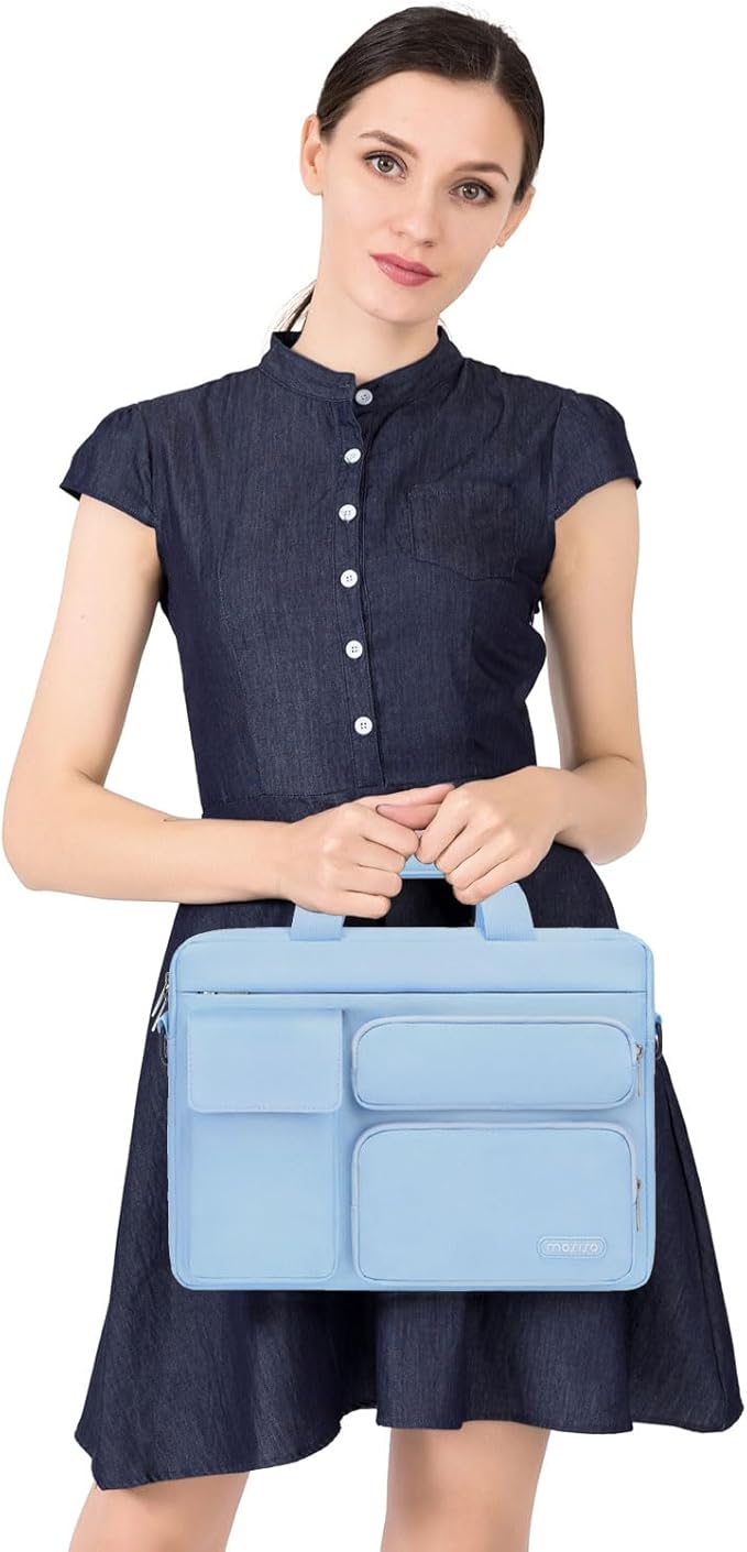 MOSISO Laptop Shoulder Bag 15.6 inch, 15-15.6 inch Computer Bag Compatible with MacBook Pro 16 inch, HP, Dell, Lenovo, Notebook with 2 Raised&1 Flapover&1 Horizontal Pocket&Handle&Belt, Airy Blue