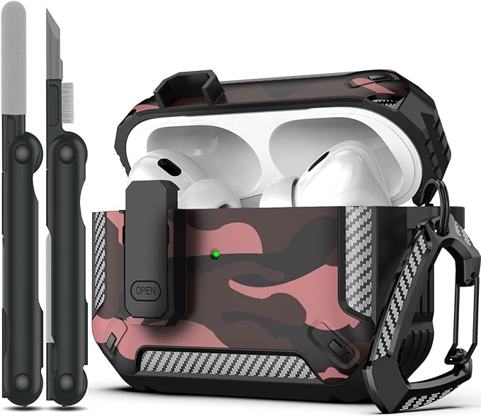 RFUNGUANGO for AirPods Pro 2nd Gen Case with Cleaning Kit, Military Hard Case Protective Armor with Lock, for AirPod Gen 2 Charging Case (2023/2022/2019, 2nd Gen/1st Gen),Red Camouflage
