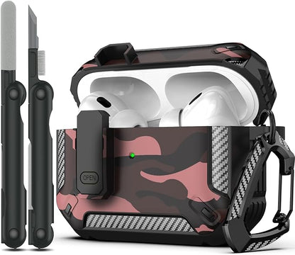 RFUNGUANGO for AirPods Pro 2nd Gen Case with Cleaning Kit, Military Hard Case Protective Armor with Lock, for AirPod Gen 2 Charging Case (2023/2022/2019, 2nd Gen/1st Gen),Red Camouflage