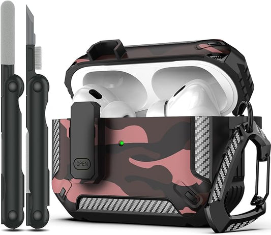 RFUNGUANGO for AirPods Pro 2nd Gen Case with Cleaning Kit, Military Hard Case Protective Armor with Lock, for AirPod Gen 2 Charging Case (2023/2022/2019, 2nd Gen/1st Gen),Red Camouflage