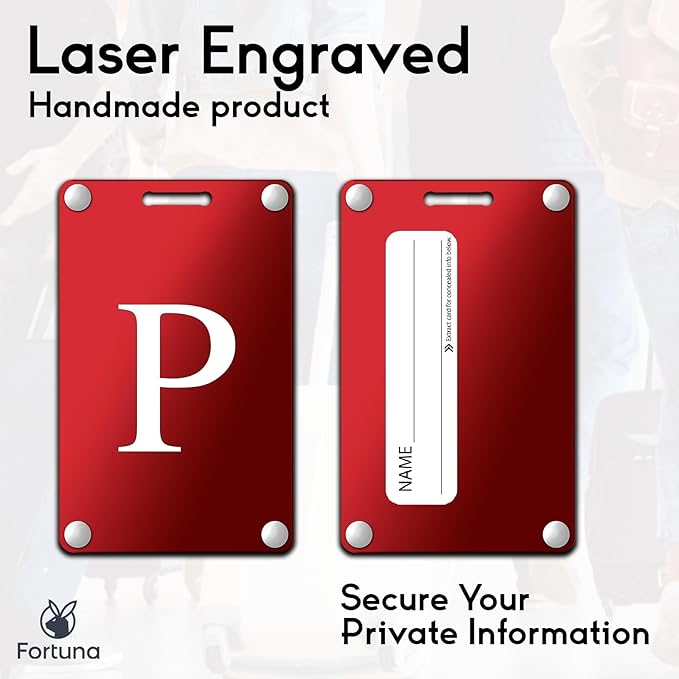 Premium 3-Layer Aluminum Luggage Tags by Fortuna - Easy to Claim, Laser-Engraved, Plastic-Free, and Eco-Friendly Luggage Tag Holders, 2-Pack, Red (P)