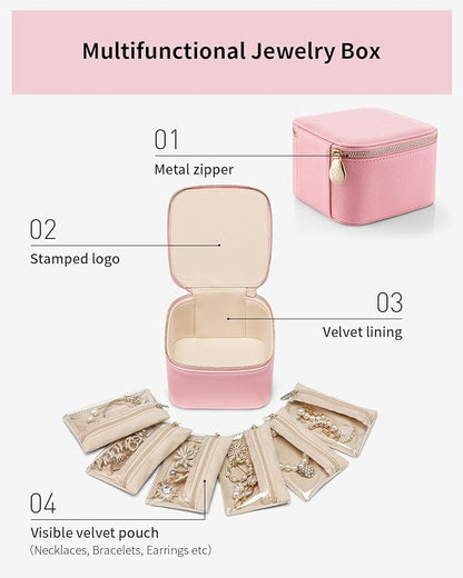 Vlando Travel Jewelry Box for Women,Faux Leather Jewelry Case with 6 Velvet Jewelry Zipper Pockets,Gift Ideas for Women Wife Earrings Necklace Rings Storage Boxes(Strawberry Pink)