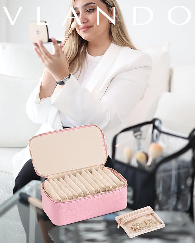 Vlando Jewelry Travel Case with 12 Velvet Jewelry Bags Travel Jewelry Orgainzer for Girls Jewelry Box for Necklace Rings Earrings Bags Christmas Gifts for Women Girls(Pink)