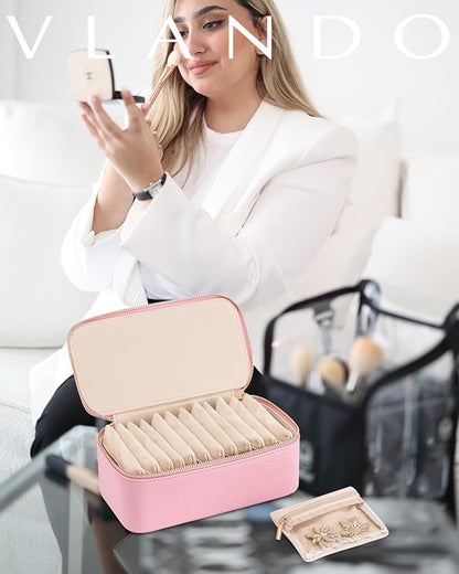 Vlando Jewelry Travel Case with 12 Velvet Jewelry Bags Travel Jewelry Orgainzer for Girls Jewelry Box for Necklace Rings Earrings Bags Christmas Gifts for Women Girls(Pink)