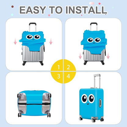 ANNA QUEEN Cute Smiley Face Luggage Cover, Light Blue Cartoon Suitcase Protector with Big Eyes Design, Stretchable, Washable Travel Cover for 28-30 Inch Luggage