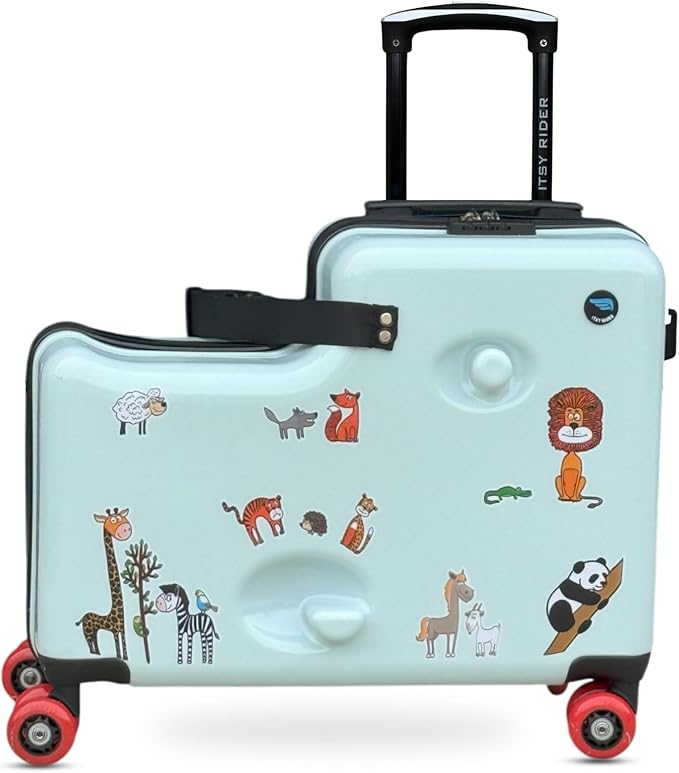 2025 Itsy Rider 20" Ride-on Suitcase for Kids with Double Spinner Red Wheels (Green Safari)