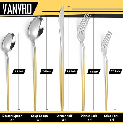 Gradient Gold Silverware Set, 20-Piece Stainless Steel Cutlery Set, Kitchen Flatware,Utensil Set Service for 4, Include Knife/Fork/Spoon, Mirror Polished