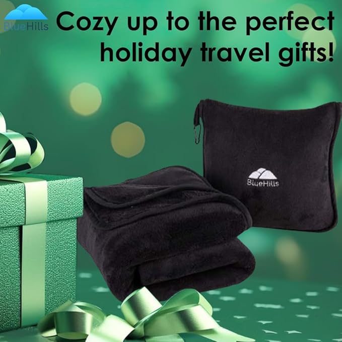 BlueHills Premium Soft Tall Travel Blanket Pillow Airplane Flight Blanket Long Throw in Bag Pillowcase with Backpack Clip Compact Large Long Traveling Essentials Portable Black T054