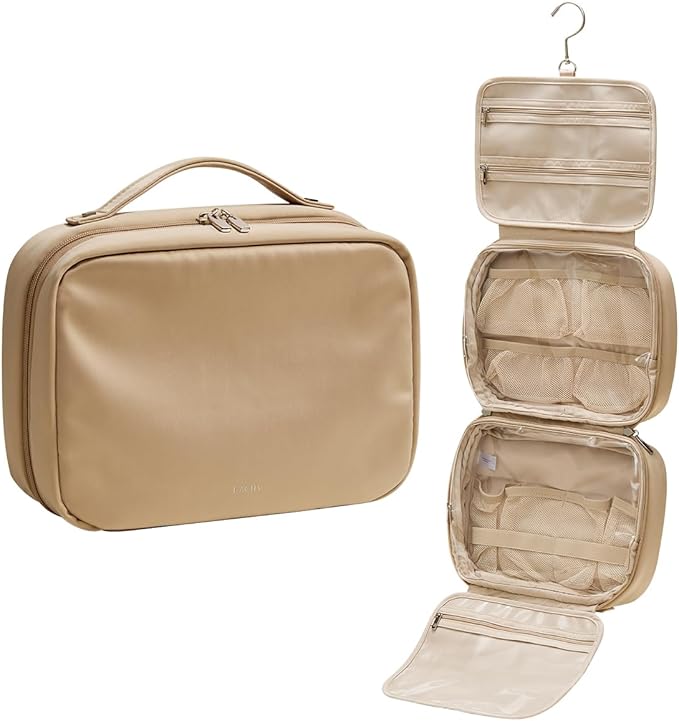 EACHY Travel Toiletry Bag with Hanging Hook, Portable Makeup Cosmetic Bags for Women, Water-Resistant Full-Size Travel Accessories (Pink)