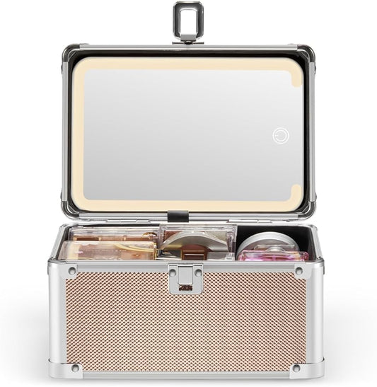 Qislee Makeup Box Mini with A Detachable Lighted Mirror, Waterproof Small Makeup Case,Cosmetic Organizer and Travel Train Case with Magnetic LED Mirror(Silver Frame Rose Gold)