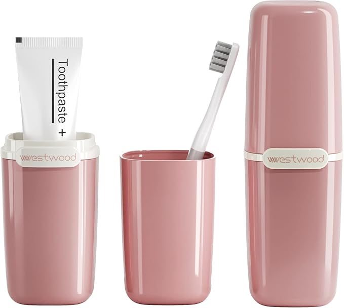 Pink Toothbrush Travel Case, Portable Travel Toothbrush & Toothpaste Holder Cover Organizer Container with Mouthwash Cup for School, Camping, Business Trip, Bathroom Storage