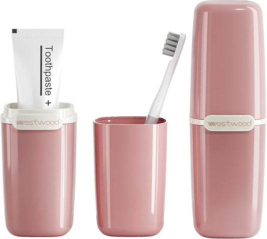 Pink Toothbrush Travel Case, Portable Travel Toothbrush & Toothpaste Holder Cover Organizer Container with Mouthwash Cup for School, Camping, Business Trip, Bathroom Storage