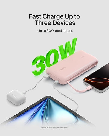 Belkin Portable Charger, Power Bank with Integrated Cable 20000 mAh 30W - Fast Charging USB C Power Delivery - iPhone 17, Air, Pro, Pro Max, iPad, AirPods, Apple Watch, Galaxy S25, & More - Pink