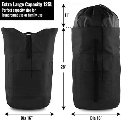 Laundry Bag Backpack, 125L, Extra Large with Shoulder Straps, Adjustable & Extendable Design, Hamper 3 Pockets for Laundromat, College, Travel, Camping
