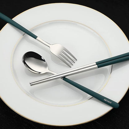 DEVICO Travel Utensils, 18/8 Stainless Steel Portable Reusable Camping Silverware Cutlery Flatware Set, 4-Piece Include Fork Spoon Chopsticks with Case (Dark Green)