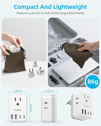 International Power Adapter Set, US to Worldwide Universal Travel Adapter- 4 AC Outlets 4 USB Ports (2 USB C), Type C/G/A/I/D/M Detachable Charger Plug for EU/UK/AUS/Japan/South Africa