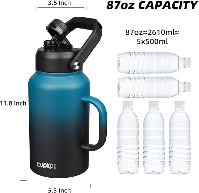 BJPKPK 87oz Insulated Water Bottle with Handle, Large Dishwasher Safe 2/3 Gallon Water Bottle, BPA Free Water Jug, Wide Mouth Metal Flasks with Anti-slip Bottom, Keep Cold & Hot,Blue & Black