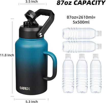 BJPKPK 87oz Insulated Water Bottle with Handle, Large Dishwasher Safe 2/3 Gallon Water Bottle, BPA Free Water Jug, Wide Mouth Metal Flasks with Anti-slip Bottom, Keep Cold & Hot,Blue & Black