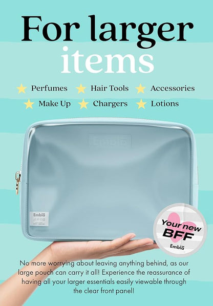 Embla London Makeup Bag Cosmetic Case, Clear Zipper Make Up Pouch and Toiletry Travel Tote, Cute Skincare Pouches for Women Girls, Preppy Purse Cosmetic Organizer, Large Makeup Bags, Sky Blue