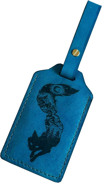 Mayan Corner - Handcrafted Leather Luggage Tag, Fox Design, Blue, ID Window, Brass Hardware, 4.3 x 2.7 inches