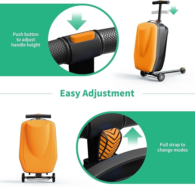 Scooter Hardshell Kids' Luggage, Foldable Carry on Kids Suitcase with Telescopic Handle for Travel, Multifunctional Ride On Lightweight Luggage with Wheels, Vitality Orange