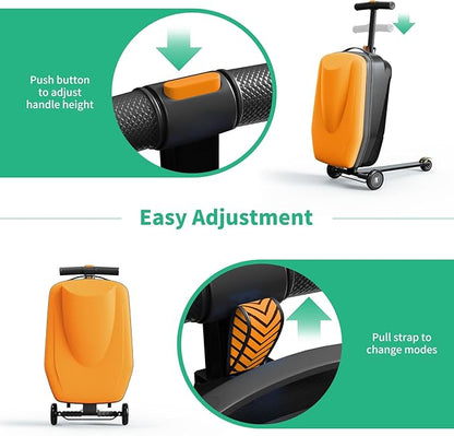 Scooter Hardshell Kids' Luggage, Foldable Carry on Kids Suitcase with Telescopic Handle for Travel, Multifunctional Ride On Lightweight Luggage with Wheels, Vitality Orange