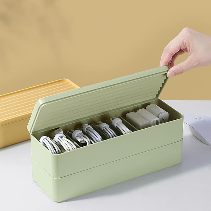 Cable Tidy Box Dual Layer Cord Organizer 14 Compartment Storage with Lid Dustproof Dampproof Stackable Charging Organizer