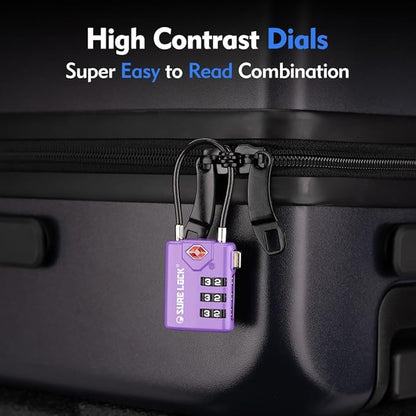 SURE LOCK TSA Approved Combination Luggage Locks with Open Alert Indicator – Durable Zinc Alloy Cable Travel Locks with Large Easy-Read Dials for Suitcases, Backpacks & Gym Bags(2, Purple 2 Pack)